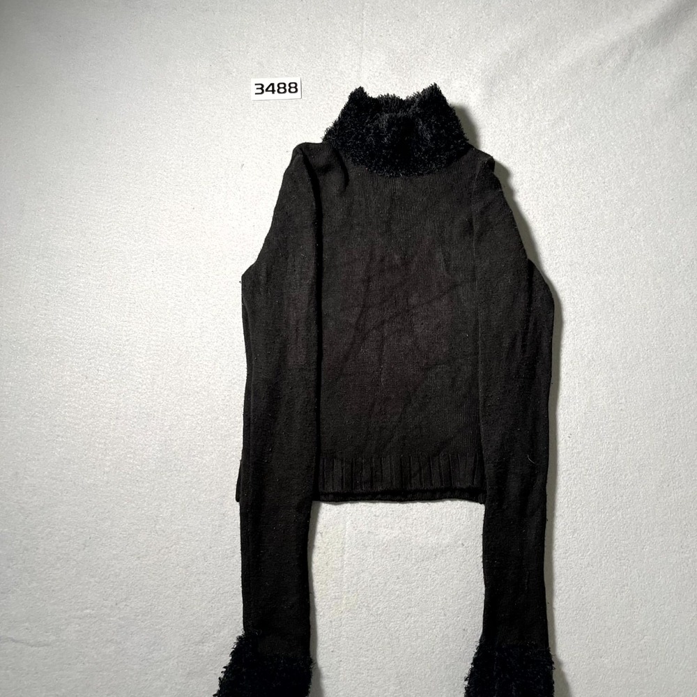 Q&A Cropped Sweater Womens Large Black Ribbed Fuzzy Trim Mock Neck Long Sleeve